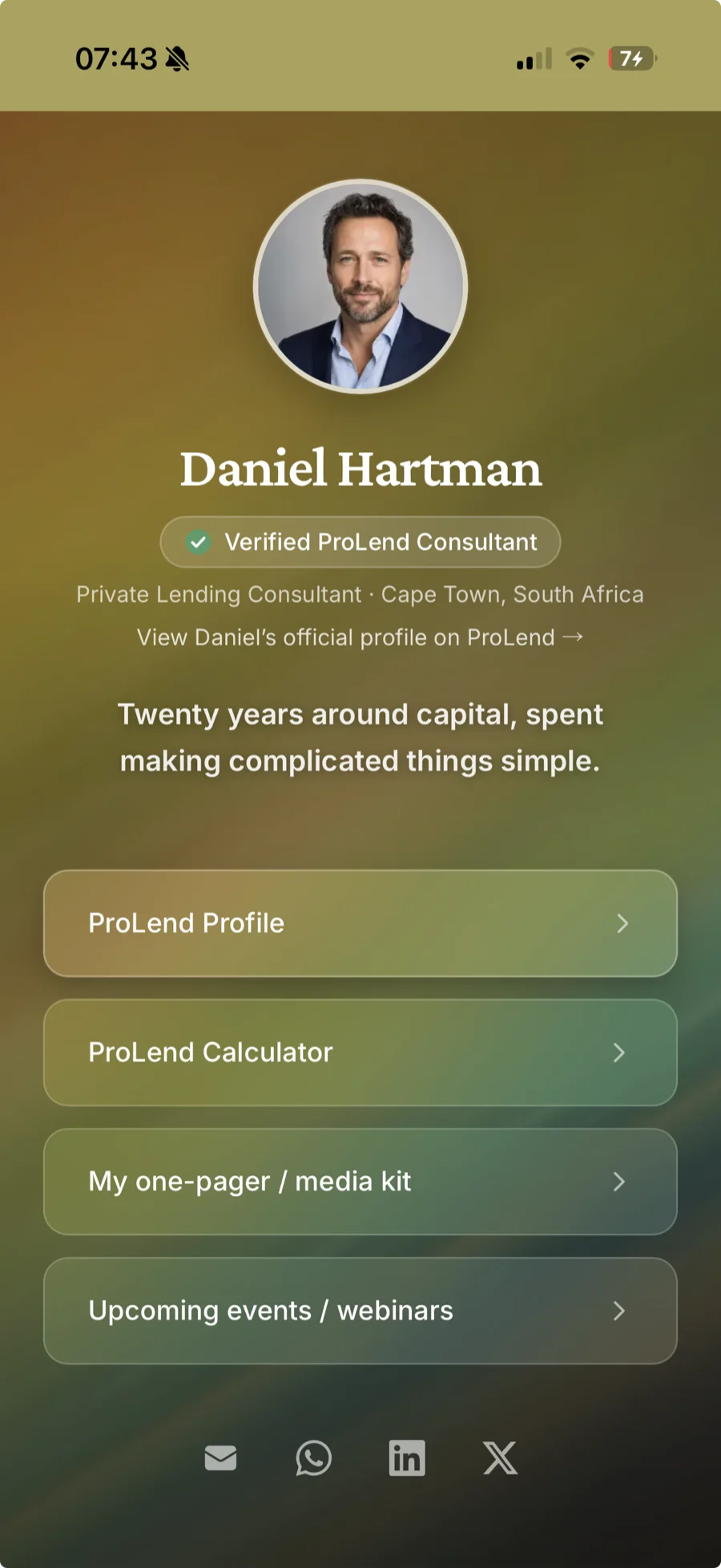 A live Biotree page for Daniel Hartman showing a Verified ProLend Consultant badge under his name, his role and location, a link to his official ProLend profile, and his links.